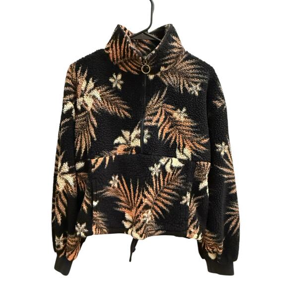 Billabong Sherpa Fleece Pullover Black Tropical Palm Leaf Zip Cozy Surf Jacket M - Picture 2 of 11